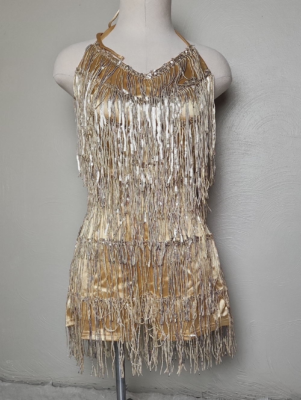 Flapper 1920s Romper Dress Costume Outfit - Gold Fringe Halter - SMALL